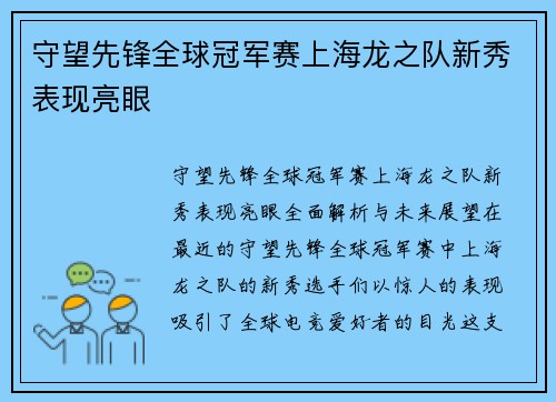 守望先锋全球冠军赛上海龙之队新秀表现亮眼