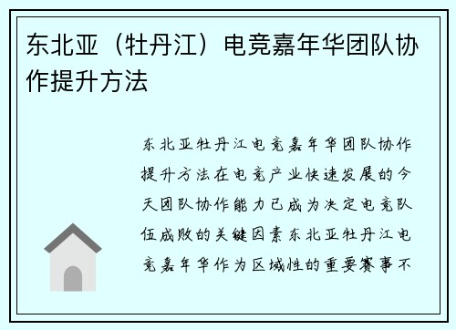 东北亚（牡丹江）电竞嘉年华团队协作提升方法